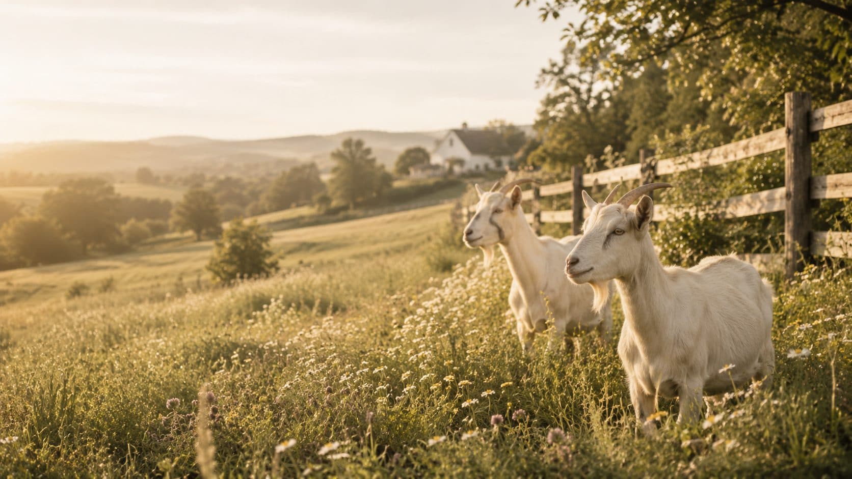Dairy goats grazing in a wildflower meadow by the farmhouse