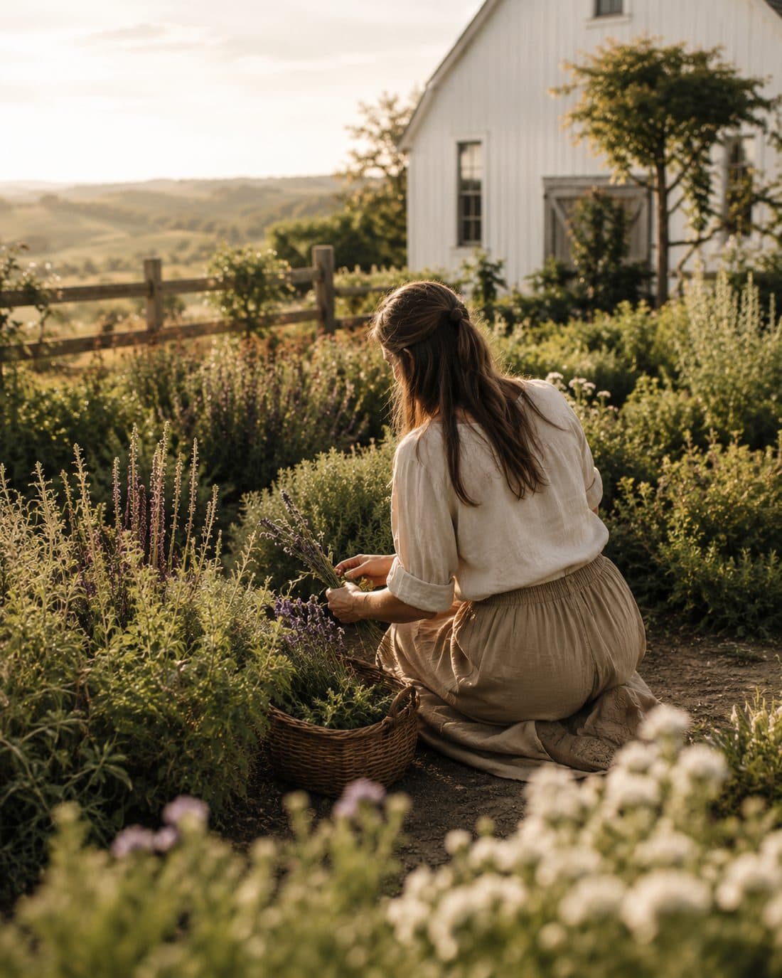 Harvesting lavender by hand into a woven basket