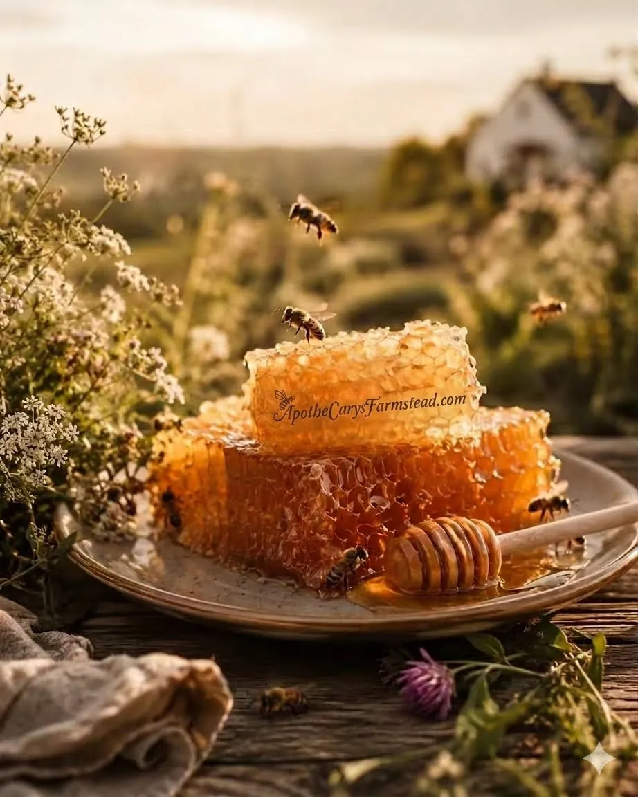 Fresh honeycomb on a plate with bees and wildflowers