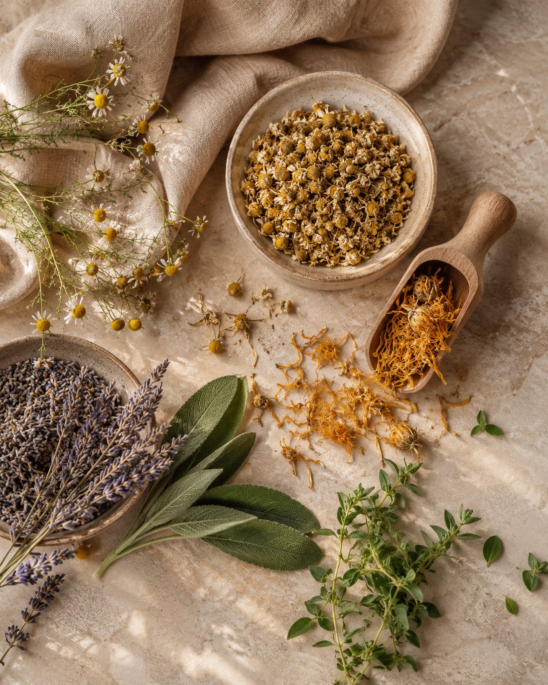 Dried chamomile, lavender, calendula, sage, and herbs