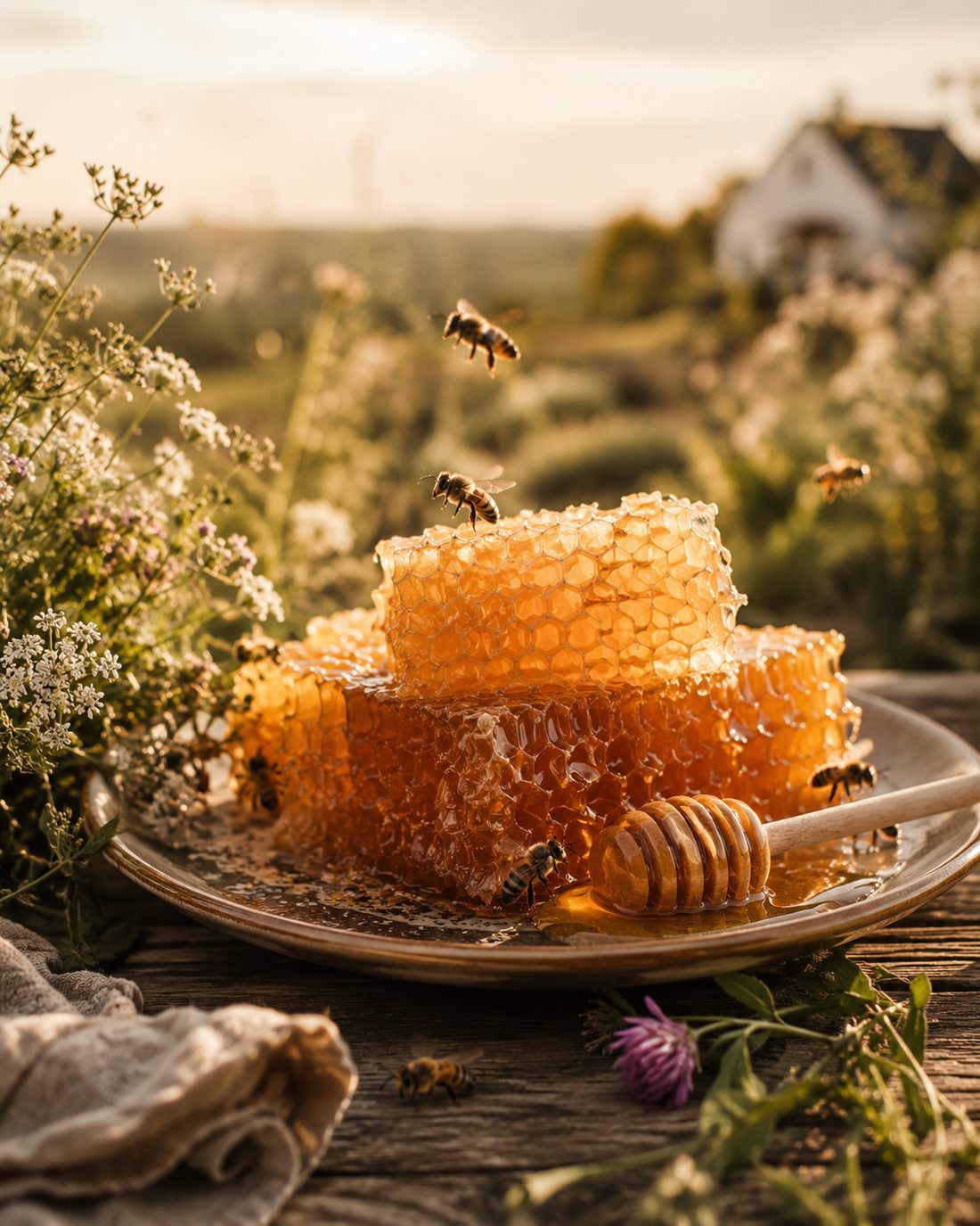 Fresh honeycomb on a plate with bees and wildflowers