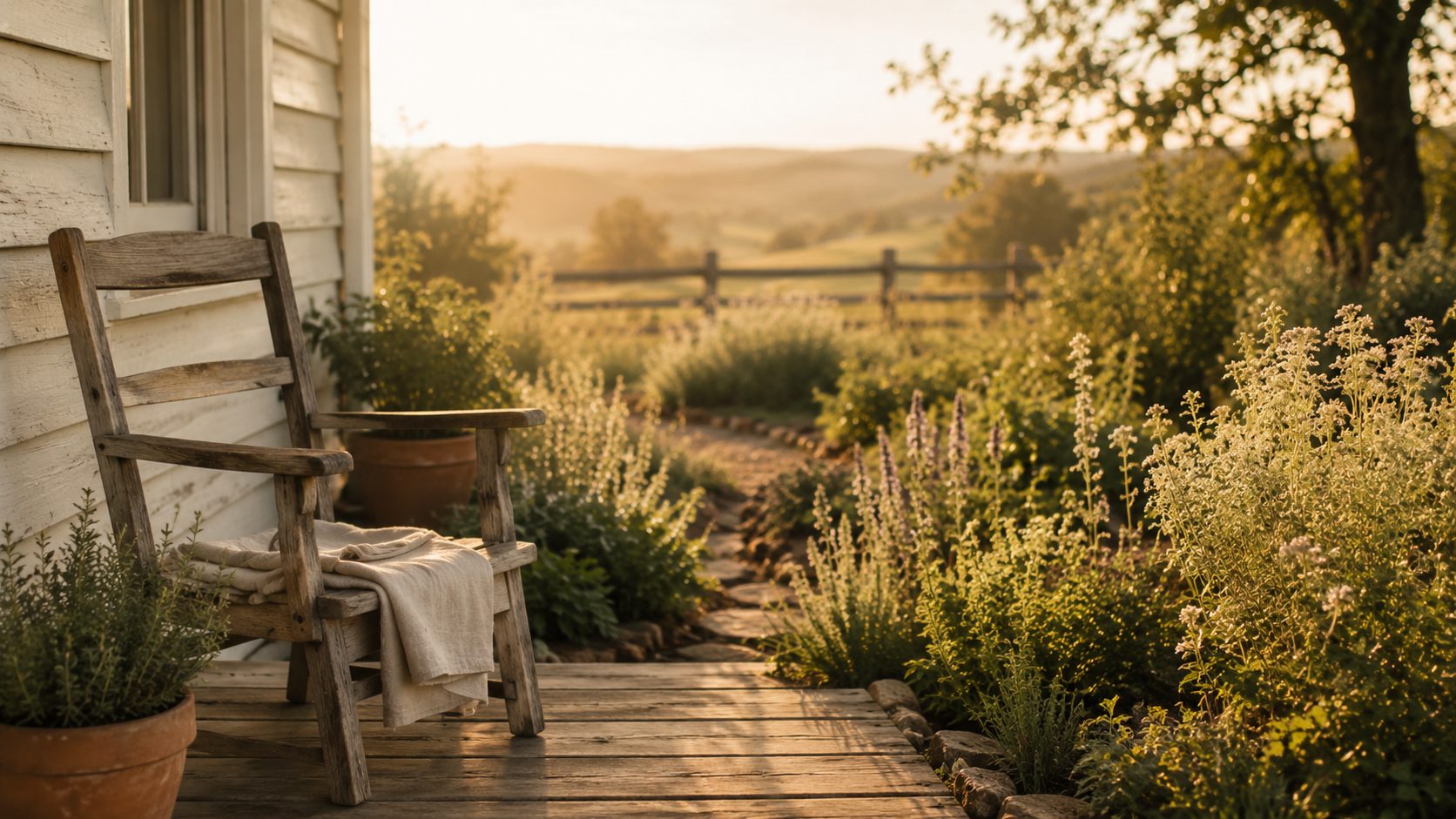 A rocking chair on the farmhouse porch overlooking the herb garden at golden hour